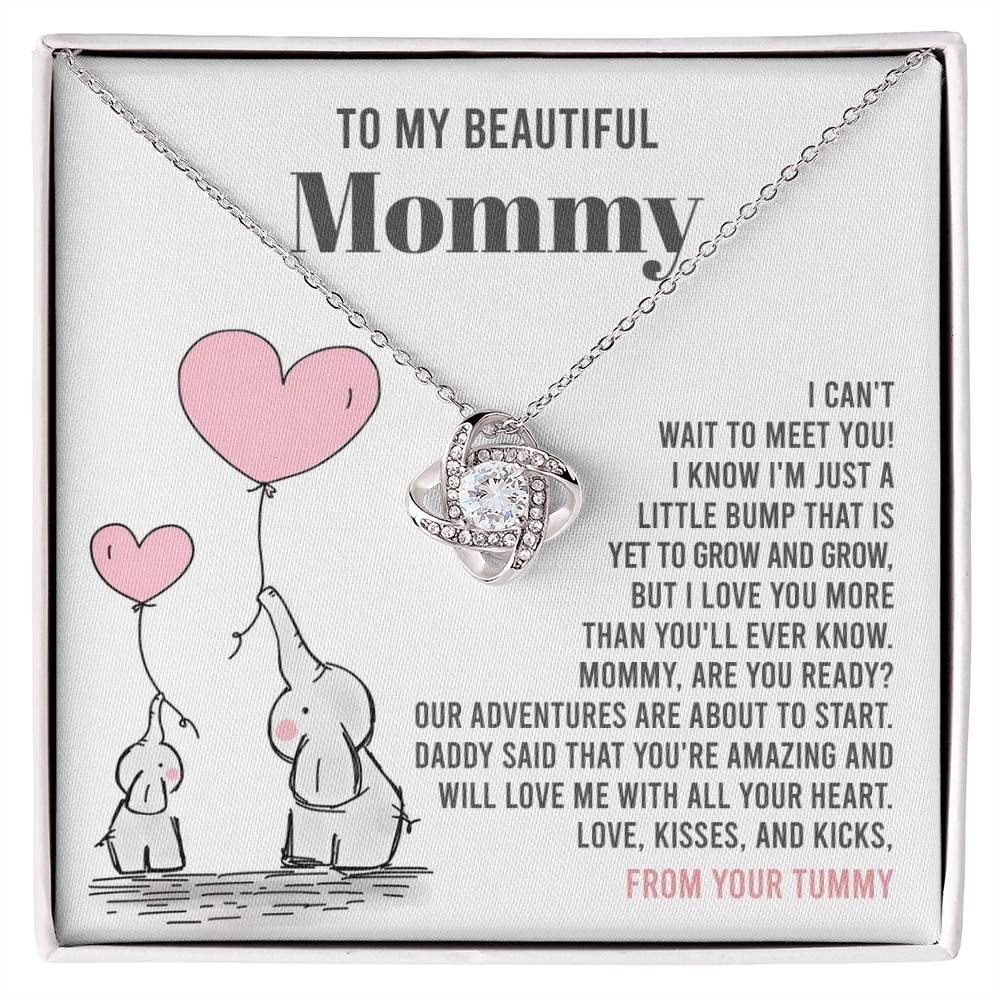 To Mama To Be, All Your Heart - Love Knot Necklace by ShineOn Fulfillment, featuring a touching message from an unborn child to their mother, on a display card with an intertwined design.
