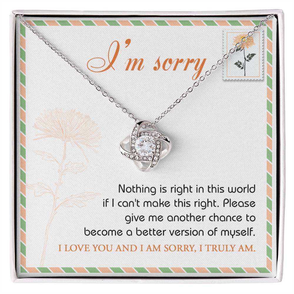 The "Sorry, Another Chance - Love Knot Necklace," featuring sparkling cubic zirconia crystals and crafted in 14k white gold, rests in a box. A note inside reads, "I'm sorry. Nothing is right in this world if I can't make this right. Please give me another chance to become a better version of myself. I love you and I am sorry, I truly am.