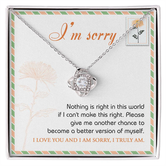 The "Sorry, Another Chance - Love Knot Necklace," featuring sparkling cubic zirconia crystals and crafted in 14k white gold, rests in a box. A note inside reads, "I'm sorry. Nothing is right in this world if I can't make this right. Please give me another chance to become a better version of myself. I love you and I am sorry, I truly am.