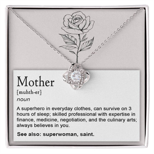 To Mom, Superhero - Love Knot Necklace displayed in a box featuring a rose illustration and a tribute to mothers.