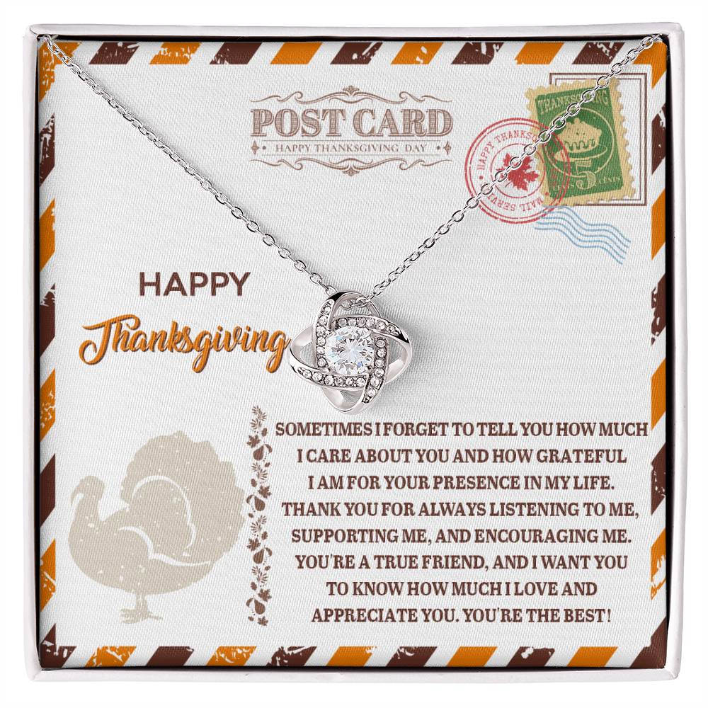 The Thanksgiving-A True Friend - Love Knot Necklace is beautifully displayed on a card embellished with cubic zirconia crystals and a touching Thanksgiving message, representing the cherished unbreakable bond.