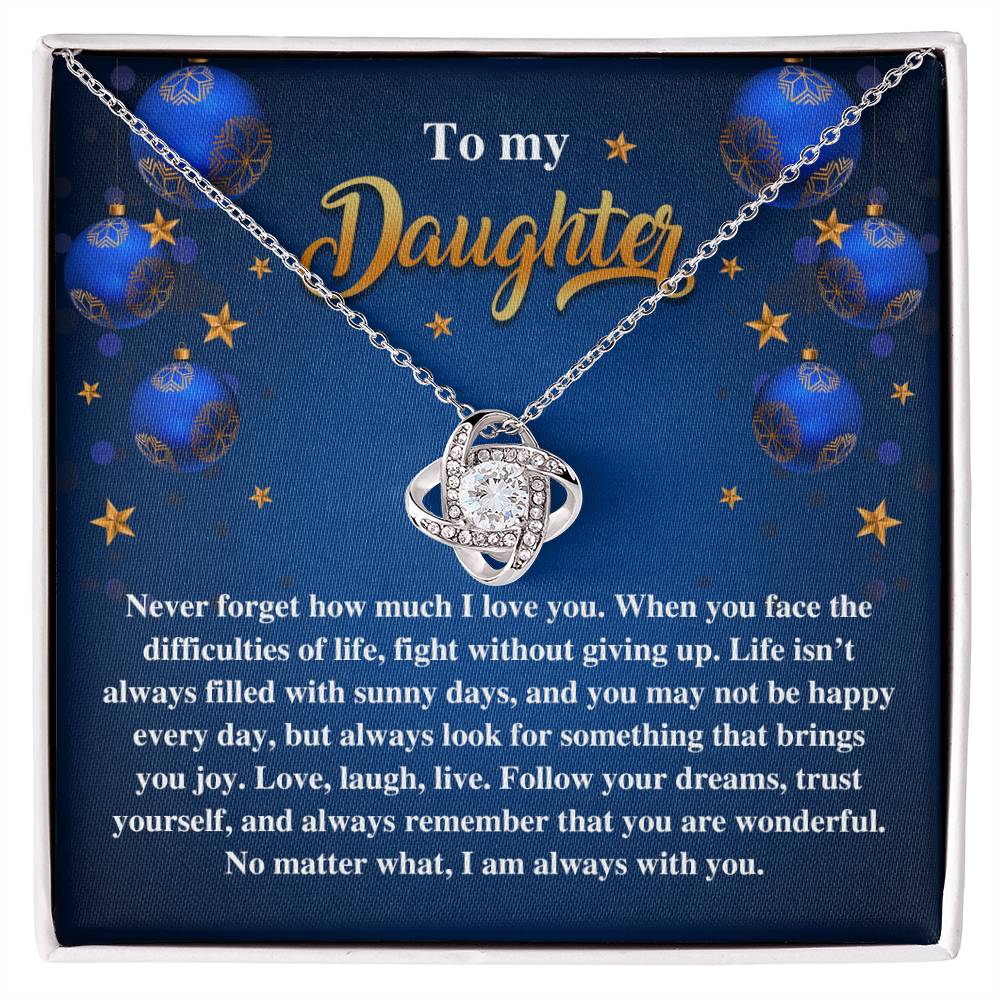 The Daughter-Sunny Days - Love Knot Necklace, embellished with cubic zirconia crystals, is beautifully presented in a box. The message on the box starts with "To my Daughter" and includes an uplifting note, making it an ideal personalized gift.