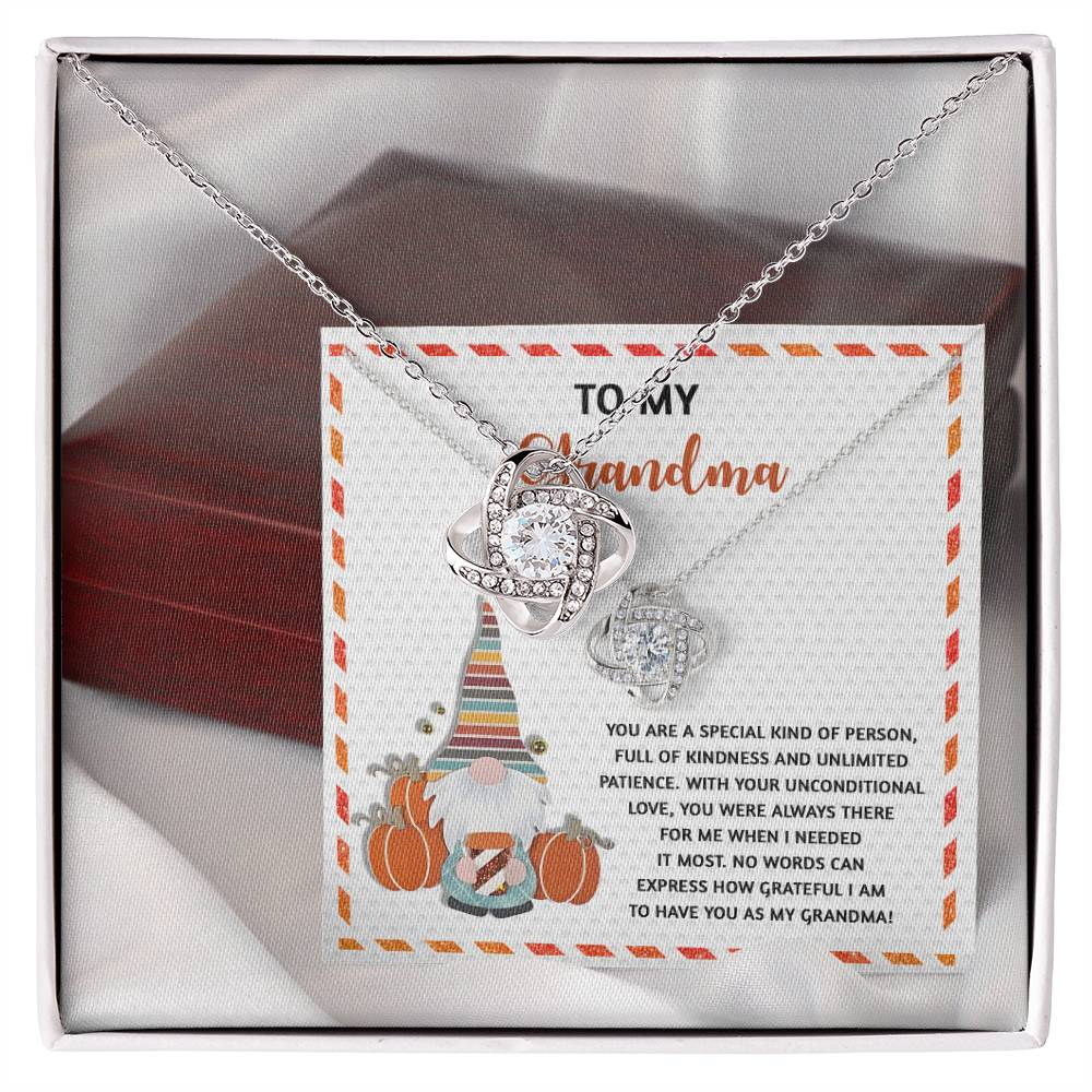 The Grandma-Needed It Most - Love Knot Necklace in 14k White Gold features interlocking hearts and is beautifully presented in a gift box. It comes with a heartfelt "To my Grandma" card and a charming gnome illustration, making this Cubic Zirconia-studded piece even more sentimental.