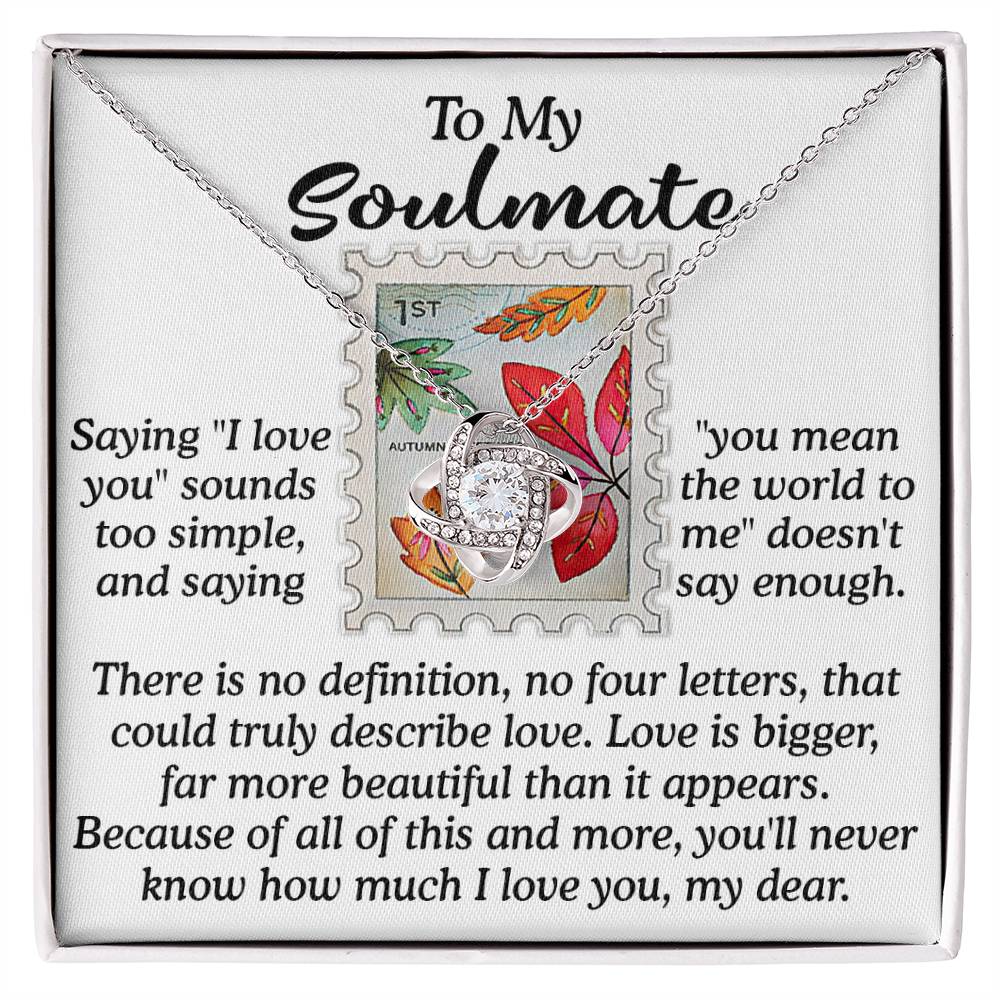 The Soulmate-Far More Beautiful - Love Knot Necklace, embellished with sparkling cubic zirconia crystals, is elegantly presented in a box that includes a touching message about love and soulmates. The package is adorned with an autumn-themed stamp design, making it an ideal personalized gift.