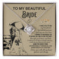 A "To My Bride, Faithful Partner - Love Knot Necklace" adorned with cubic zirconia crystals is displayed in a box. The background features a silhouette of a couple under an umbrella, two rings, and a heartfelt message to a bride, making it the perfect unique gift.