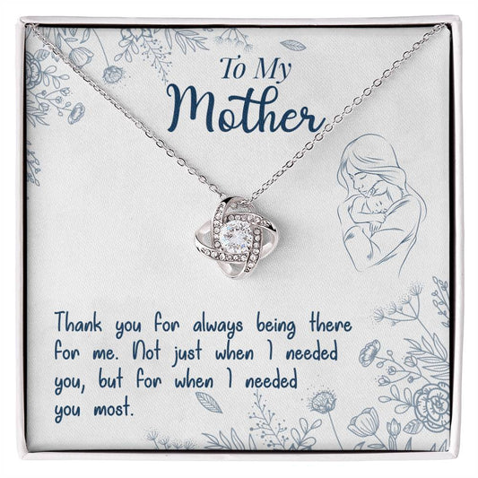 A To My Mother, Thank You For Always Being There - Love Knot Necklace, with a heart-shaped cubic zirconia pendant, presented in a box with a sentimental message for a mother, featuring an elegant gold finish by ShineOn Fulfillment.