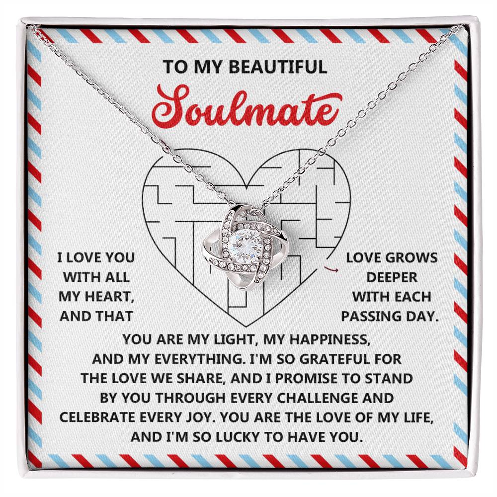 Soulmate-To Have You - Love Knot Necklace features intertwined rings on a card expressing love and gratitude to a soulmate. It symbolizes an unbreakable bond, values like happiness and light, and celebrates life together, adorned with premium cubic zirconia for elegance.