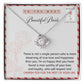 To Bride, Of Your Life - Love Knot Necklace crafted from stunning 14k white gold, featuring a knot-shaped pendant adorned with cubic zirconia crystals. Presented on a card with wedding-themed decor that reads: "To the most beautiful bride" and contains a heartfelt message below.