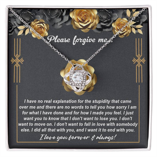 The "Sorry-End With You - Love Knot Necklace" features a beautiful heart-shaped pendant adorned with cubic zirconia crystals, making it a perfect apology gift. The necklace, with its elegant yellow gold finish, is accompanied by a background message expressing deep remorse and a heartfelt desire to stay together.