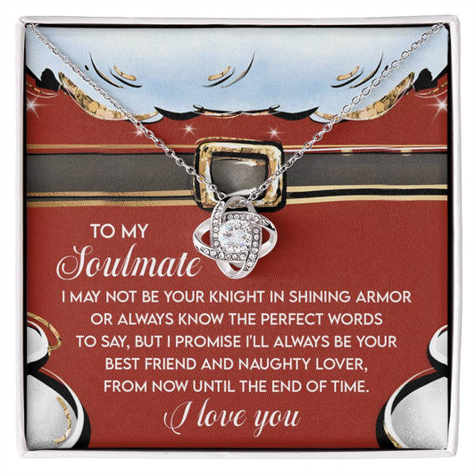 The Soulmate-Naughty Lover - Love Knot Necklace is elegantly presented in an open gift box with a romantic message inside. Accentuated by shimmering cubic zirconia crystals, it perfectly complements the exquisite design.