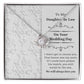 To My Daughter-In-Law Wedding, Be The One - Love Knot Necklace with an intertwined heart design, adorned with cubic zirconia crystals, displayed on a decorative backing card. The card reads: "To My Daughter-In-Law On Your Wedding Day" with a sentimental message below. Perfect as a gift for a loved one.