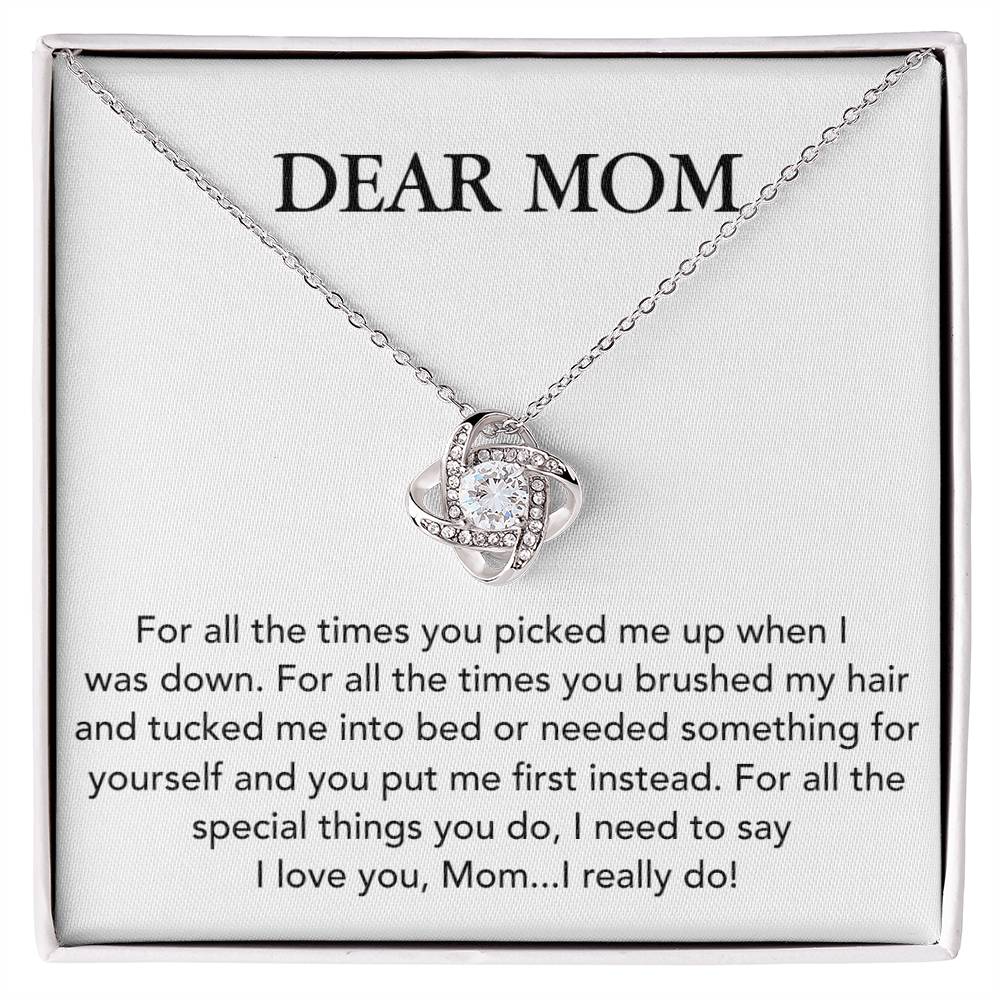 A Dear Mom, For All The Times You Picked Me Up - Love Knot Necklace by ShineOn Fulfillment with premium cubic zirconia crystals and a heart pendant is packaged in a gift box featuring a sentimental message addressed to "mom" in appreciation for her nurturing and selfless acts of.