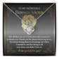 To Bonus Mom, To Encourage Me - Love Knot Necklace with a cubic zirconia Love Knot pendant inside a box featuring the message "to my incredible bonus mom" with a note of gratitude written below.