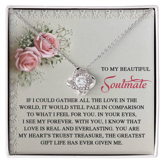 The Soulmate-Given Me Love Knot Necklace, embellished with cubic zirconia crystals, comes in a box with roses and a touching message about eternal love for a soulmate. It's an ideal personalized gift to show your affection.