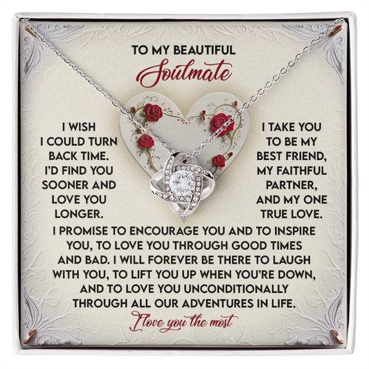 Soulmate-Laugh With You - Love Knot Necklace" showcases a heart-shaped pendant, complete with shimmering Cubic Zirconia Crystals on a card bearing a heartfelt message for your soulmate, symbolizing love, support, and commitment.