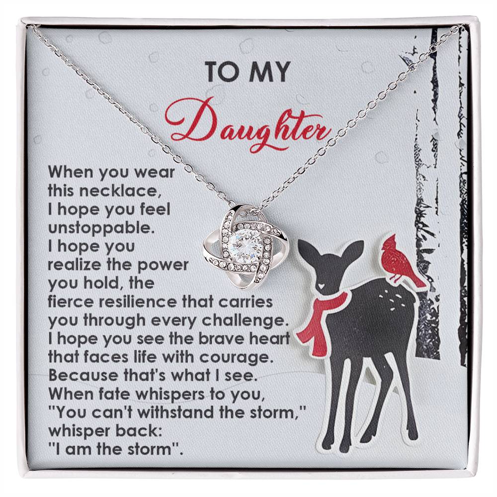 The Daughter-Every Challenge - Love Knot Necklace showcases a knot pendant adorned with cubic zirconia crystals, presented on a card carrying a heartfelt message to a daughter, complemented by an image of a deer with a red bird on its back, making it an incredibly personalized gift.