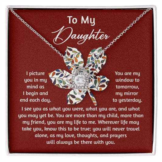 Presented on a card for your daughter, the Daughter-To Be True - Love Knot Necklace makes an ideal gift for your cherished one. With its leafy design embellished with sparkling cubic zirconia crystals, it conveys a heartfelt message of love and support.