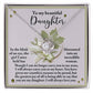 A silver Love Knot necklace, adorned with sparkling cubic zirconia crystals, is displayed on a card that reads: "To my beautiful daughter, In the blink of an eye, the girl I once held has blossomed into an incredible woman...