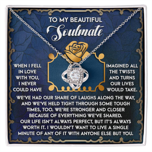The Soulmate-The Way Love Knot Necklace, embellished with cubic zirconia crystals, is beautifully presented on a card with a romantic soulmate message, making it an ideal personalized gift.