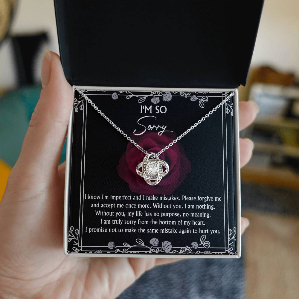 A hand holds an open box containing the "Sorry-I Am Nothing - Love Knot Necklace," which is adorned with cubic zirconia crystals and includes a printed apology message. The background is slightly blurred, emphasizing the box's contents.