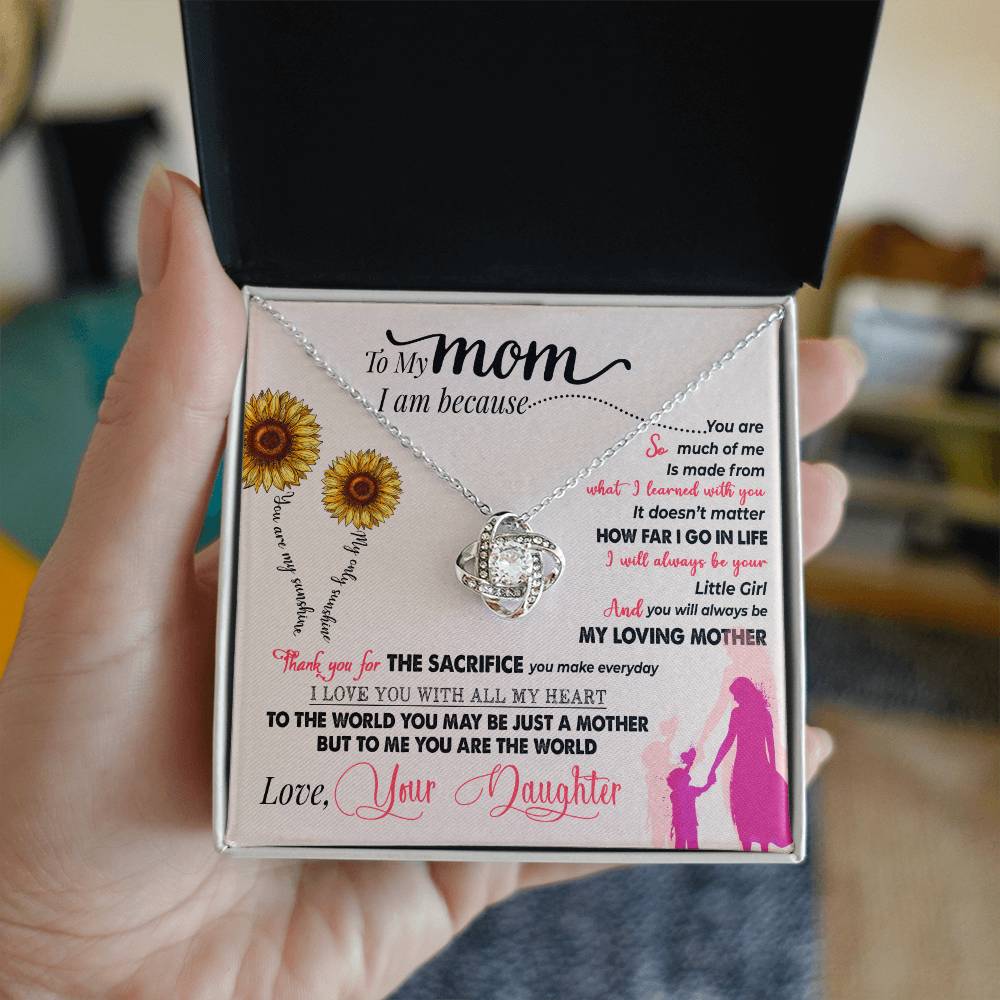 A To My Mom, Thank You For Everything - Love Knot Necklace gift with a heartfelt message from a daughter to her mother, presented in an open box by ShineOn Fulfillment.