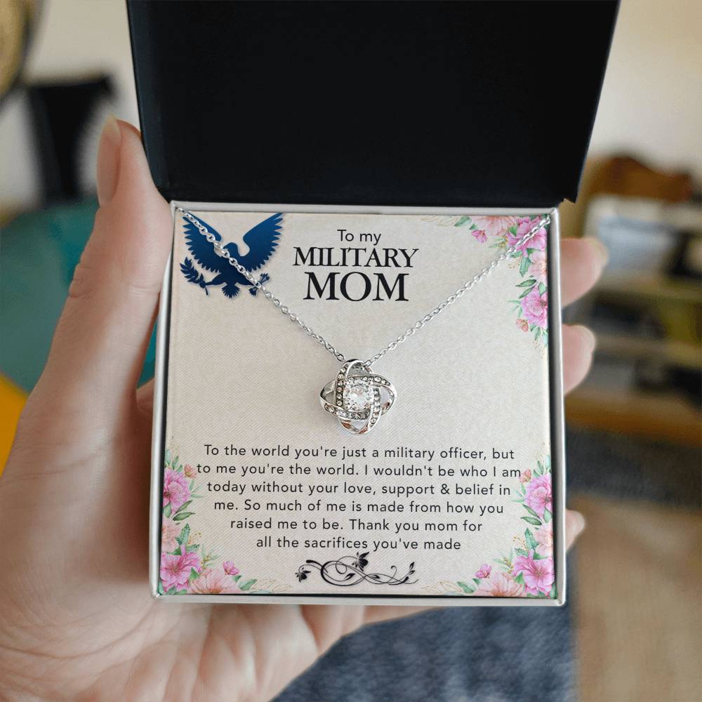 A ShineOn Fulfillment To My Military Mom, To The World You're Just A Miltary Officer - Love Knot Necklace in a box, symbolizing sacrifices.