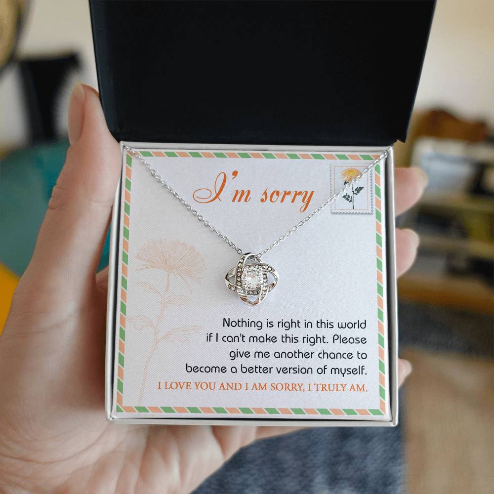 The "Sorry, Another Chance - Love Knot Necklace," featuring sparkling cubic zirconia crystals and crafted in 14k white gold, rests in a box. A note inside reads, "I'm sorry. Nothing is right in this world if I can't make this right. Please give me another chance to become a better version of myself. I love you and I am sorry, I truly am.