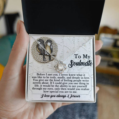 A person holds the "Soulmate-Write Novels - Love Knot Necklace" in a box adorned with the message "To My Soulmate" and a delicate bird design. The heart-shaped pendant glistens with cubic zirconia crystals, making it a perfect personalized gift that embodies the essence of connection and love.