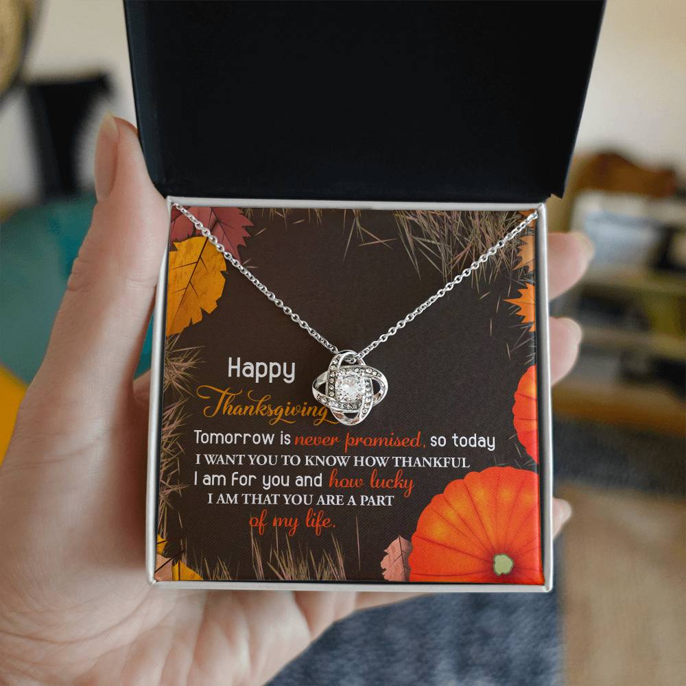 A hand holds an open box revealing the Thanksgiving-How Lucky - Love Knot Necklace, embellished with shimmering cubic zirconia crystals. The lid of the box presents a Thanksgiving message along with autumn leaves, making it an ideal personalized gift for the season of gratitude.