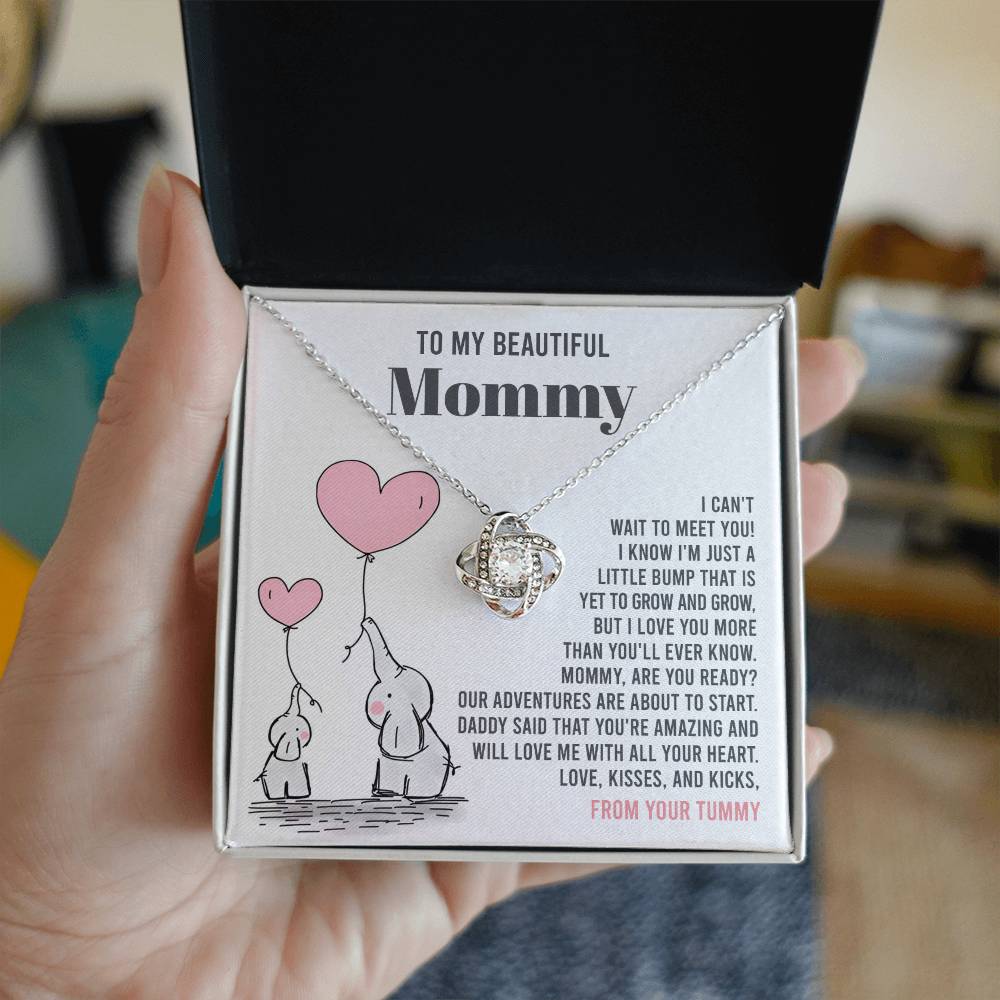 A To Mama To Be, All Your Heart - Love Knot Necklace in a box with a loving note to a mother from an unborn child by ShineOn Fulfillment.