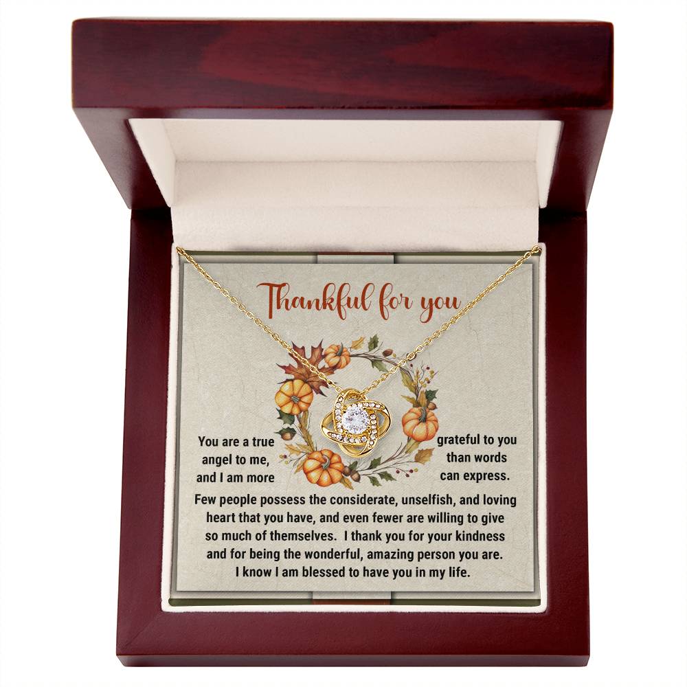 Unwrap your jewelry box to find the breathtaking "Thanksgiving-The Wonderful - Love Knot Necklace" embellished with cubic zirconia crystals. Inside, there's a card featuring a floral design and a heartfelt message of gratitude, making this personalized gift truly special.