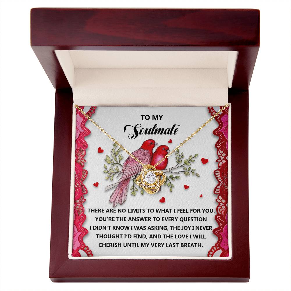 The Soulmate-Feel For You Love Knot Necklace displays two bird pendants with sparkling cubic zirconia crystals in a decorative box, with a background card that beautifully celebrates the unbreakable bond of love and cherished memories with your soulmate.