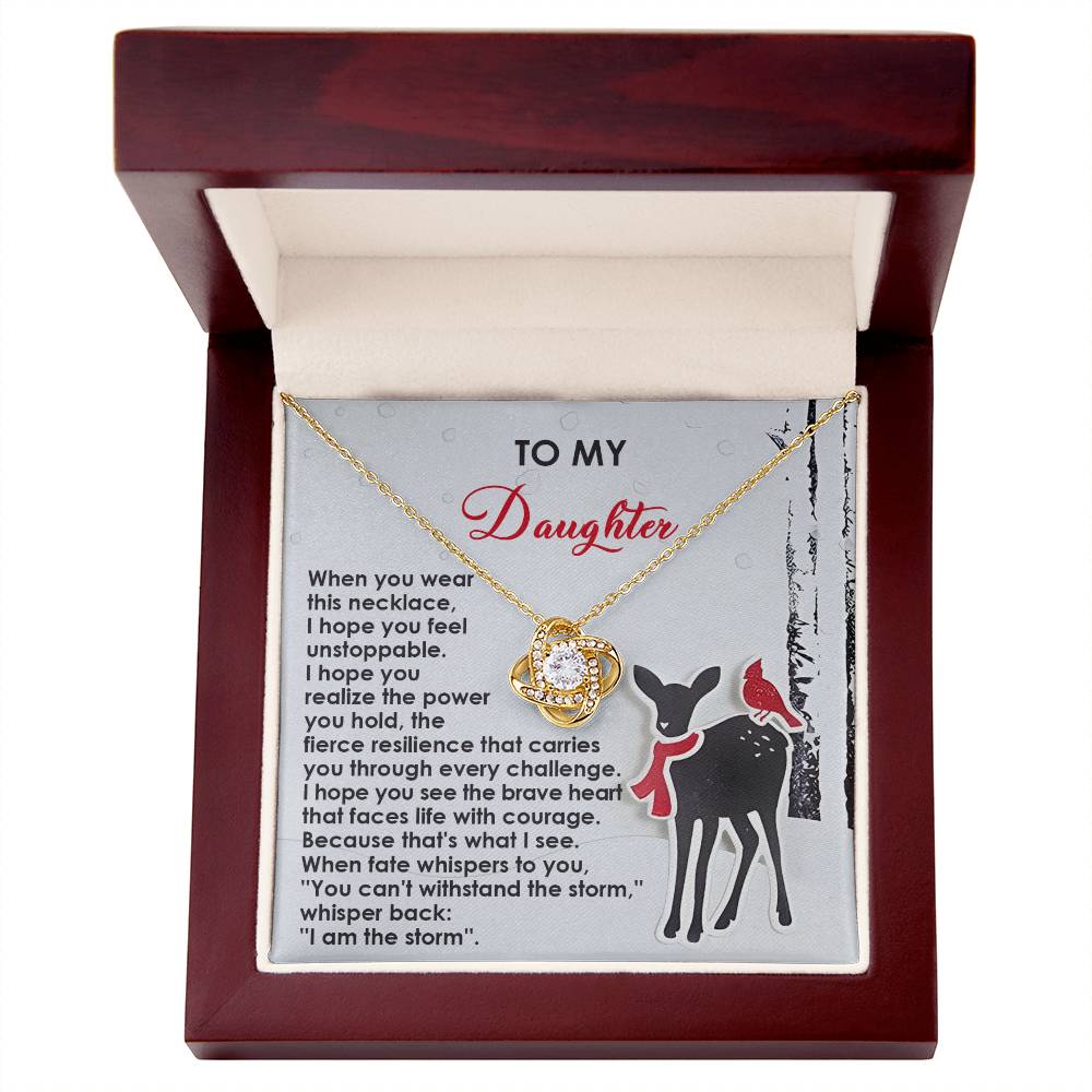 The Daughter-Every Challenge - Love Knot Necklace is beautifully presented in a box featuring a card that states: "To my daughter." Embellished with Cubic Zirconia Crystals, it showcases an illustration of a deer and a bird, symbolizing your unbreakable bond through its inspiring message.