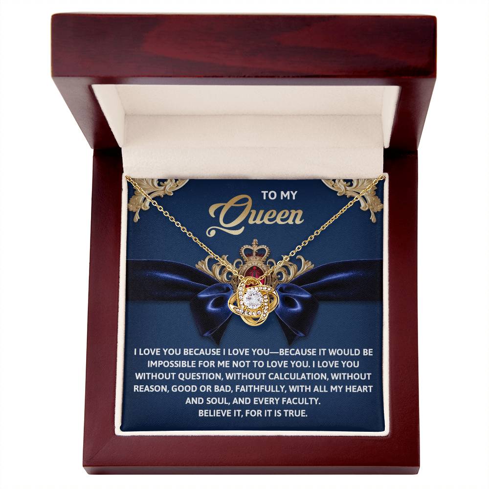 The Queen-Every Faculty - Love Knot Necklace, featuring a pendant adorned with cubic zirconia crystals, is elegantly displayed in a "To My Queen" box. The ornate blue background complements the affectionate message beautifully.