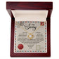 This "Sorry-The Only - Love Knot Necklace" features a circular pendant and is presented in a red wooden box. Made from 14k white gold over stainless steel, the necklace sparkles with cubic zirconia crystals. Inside, you'll find a heartfelt message that reads: "I’m Sorry. I am so sorry for betraying your trust," followed by an apologetic text.