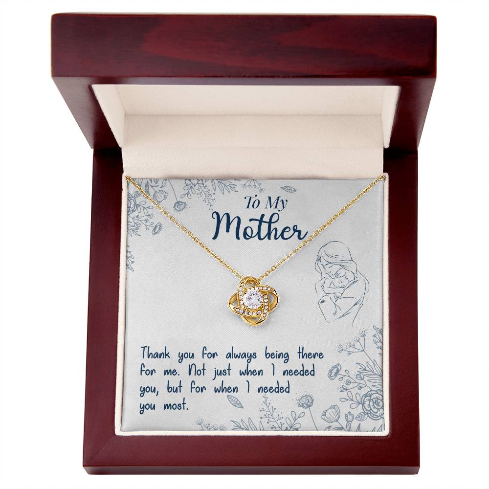 A ShineOn Fulfillment To My Mother, Thank You For Always Being There - Love Knot Necklace in a gold finish, presented in a gift box with a message for mother.