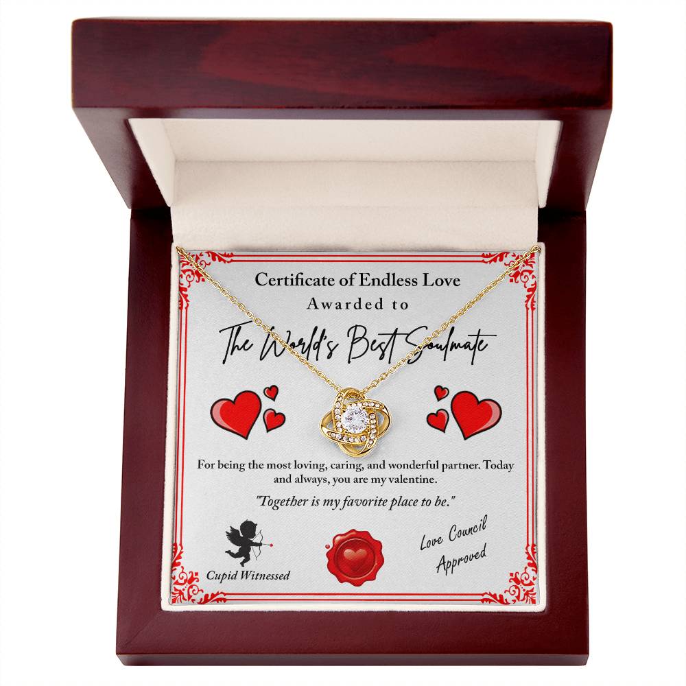 The Love Certificate-Cupid Witnessed - Love Knot Necklace is crafted in 14k white gold with a circular pendant adorned with cubic zirconia crystals. It rests in a red velvet box and includes a "Certificate of Endless Love," featuring romantic words and decorative red heart imagery.