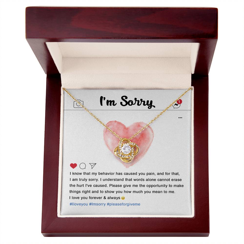 The Sorry-Cannot Erase - Love Knot Necklace, adorned with cubic zirconia crystals, sits on a card featuring an apology message, a pink heart illustration, and hashtags #Iloveyou, #Imsorry, and #pleaseforgiveme.