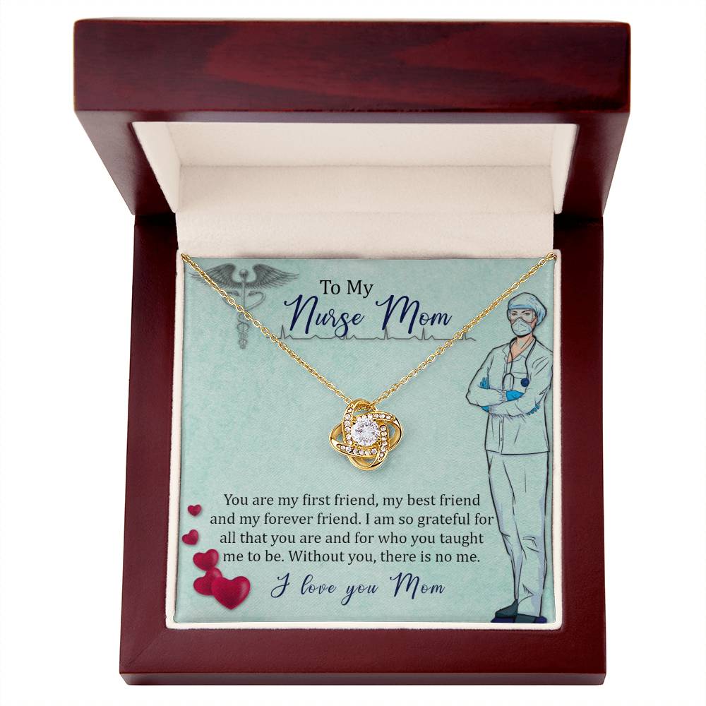 A To My Nurse Mom, You Are My First Friend - Love Knot Necklace pendant inside a ShineOn Fulfillment gift box with an inscription for a "nurse mom," expressing love and gratitude.
