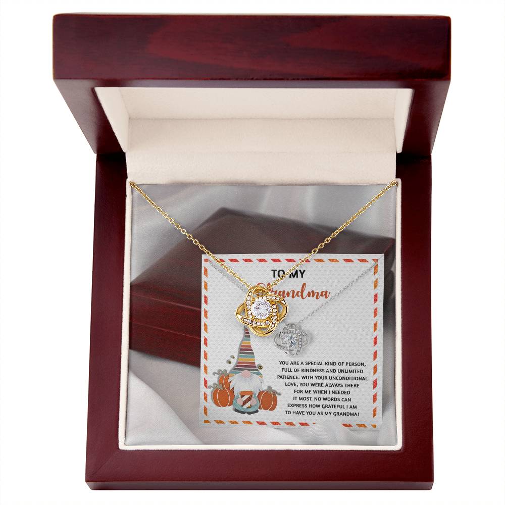 The Grandma-Needed It Most - Love Knot Necklace, featuring an intertwined design, is elegantly displayed in a wooden box. Crafted from 14k White Gold and adorned with Cubic Zirconia, it comes with a card that showcases autumn-themed illustrations alongside a heartfelt message for a grandmother.