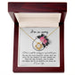The Sorry-Make You Happy - Love Knot Necklace features a heart-shaped pendant adorned with cubic zirconia crystals, presented in a box decorated with pink flowers and the heartfelt text "I'm so sorry" at the top.