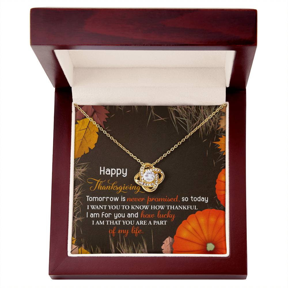 The Thanksgiving-How Lucky - Love Knot Necklace, featuring a circular pendant, sparkles in a wooden box embellished with cubic zirconia crystals. Its floral design and heartfelt message make it the perfect personalized gift for Thanksgiving.