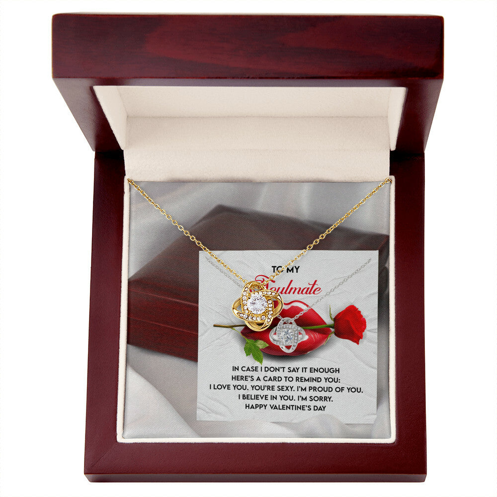 The Soulmate-Don’t Say It - Love Knot Necklace, featuring glimmering cubic zirconia crystals, comes in a wooden box with a touching Valentine's note. This personalized gift embodies love with its interlocking rings design.