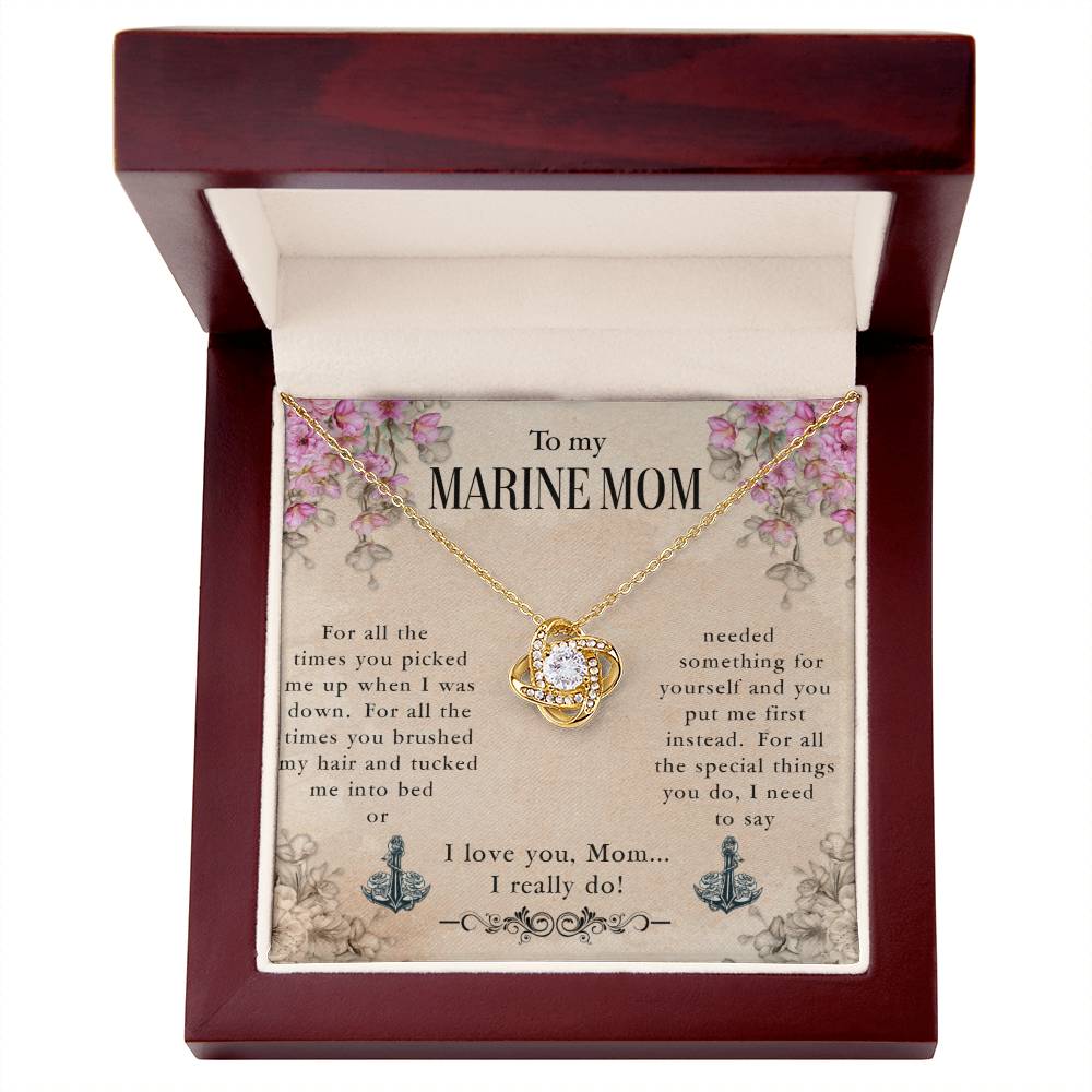 A To My Marine Mom, For All The Times You Picked Me Up - Love Knot Necklace with a pendant is presented inside a gift box, which has a message dedicated to a marine mom, expressing gratitude and love by ShineOn Fulfillment.