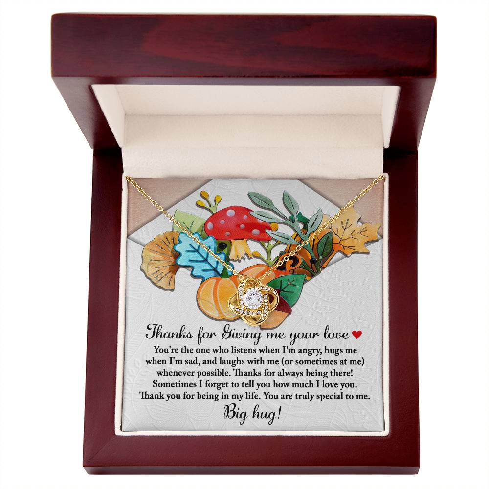 The Thanksgiving-Big Hug - Love Knot Necklace, featuring a gold finish, is elegantly presented in a box alongside a heartfelt message of gratitude and appreciation, all set against a vibrant floral background.