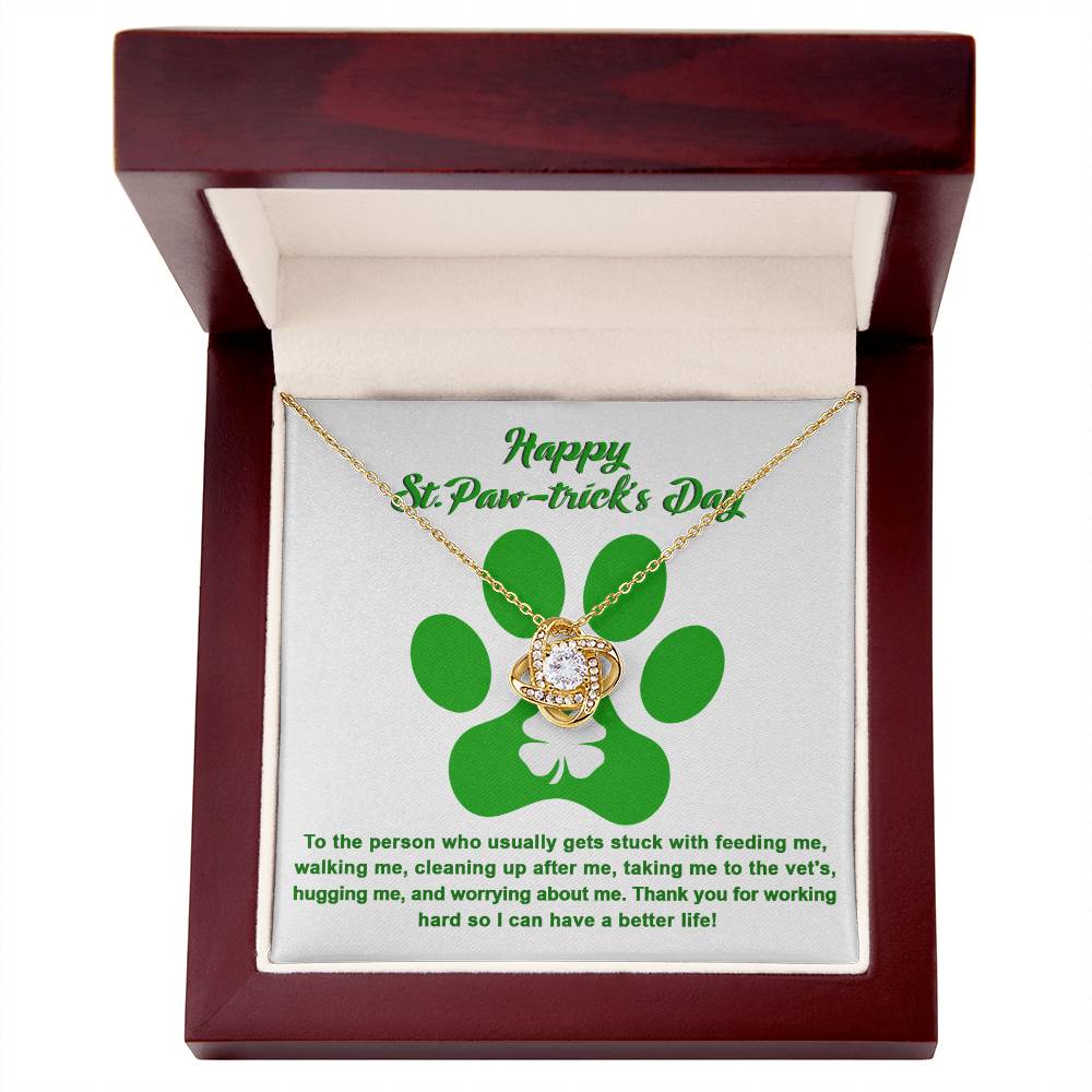 A To Dog Mom, Pawtrick Day-A Better Life - Love Knot Necklace in a ShineOn Fulfillment box.