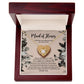 The "To Maid of Honor, My Wedding Day - Love Knot Necklace" features a heart-shaped pendant on a card titled "Maid of Honor," with a heartfelt message about milestones, love, and gratitude. The pendant is available in white gold or yellow gold finish and is adorned with sparkling cubic zirconia crystals.