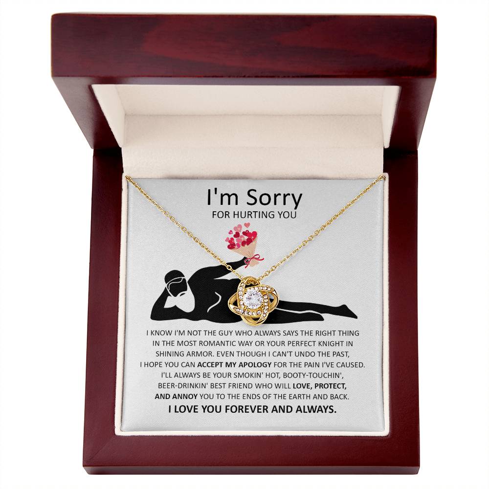 The "Sorry-The Most Romantic - Love Knot Necklace" showcases a heart and knot pendant elegantly presented on a card with an apology message, conveying regret for causing pain and expressing a heartfelt commitment to love, protect, and always be with the recipient. This necklace embodies an unbreakable bond, holding profound significance for both the giver and receiver.