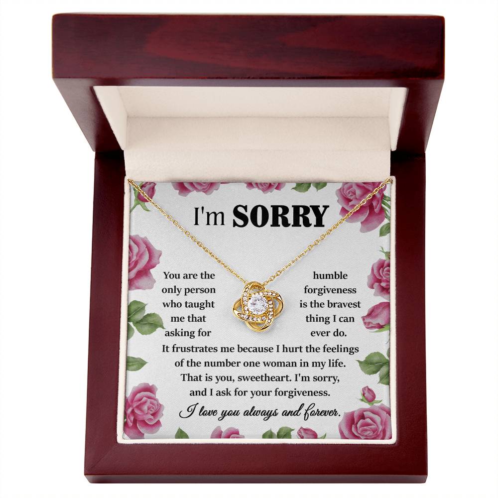 Introducing the "Sorry-Your Forgiveness - Love Knot Necklace": a beautifully crafted jewelry gift box featuring an apology message and a stunning Love Knot Necklace adorned with cubic zirconia crystals. The heartfelt note expresses sincere regret and seeks forgiveness, elegantly framed by a floral pink and green border. This personalized gift is ideal for mending hearts.