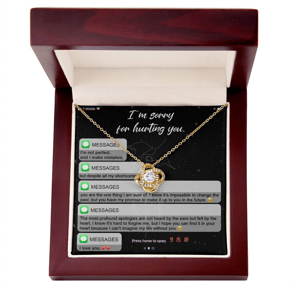 Presenting the "Sorry, Life Without You - Love Knot Necklace," a heartfelt card featuring an emotional message of apology along with a delicate necklace. The love knot design combines intertwined hearts and knots adorned with sparkling cubic zirconia crystals, concluding with the words "I love you." This personalized gift beautifully conveys your genuine emotions.